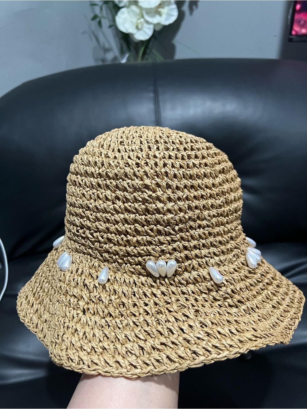 Steve Madden Woven Straw Bucket Hat with Pearl Teardrops - Tan